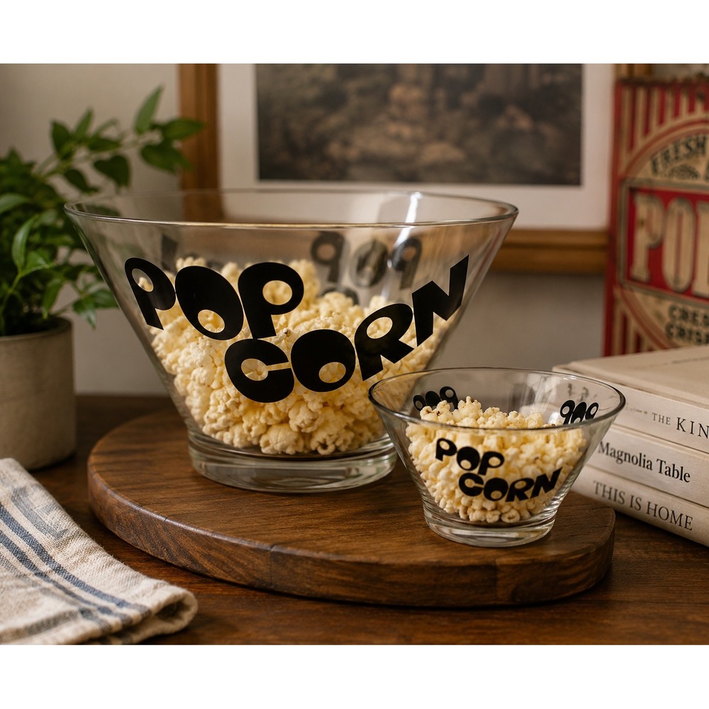 Vtg Glass Popcorn Bowl Set Large & Small Black Pop Corn Lettering Snack Bowls